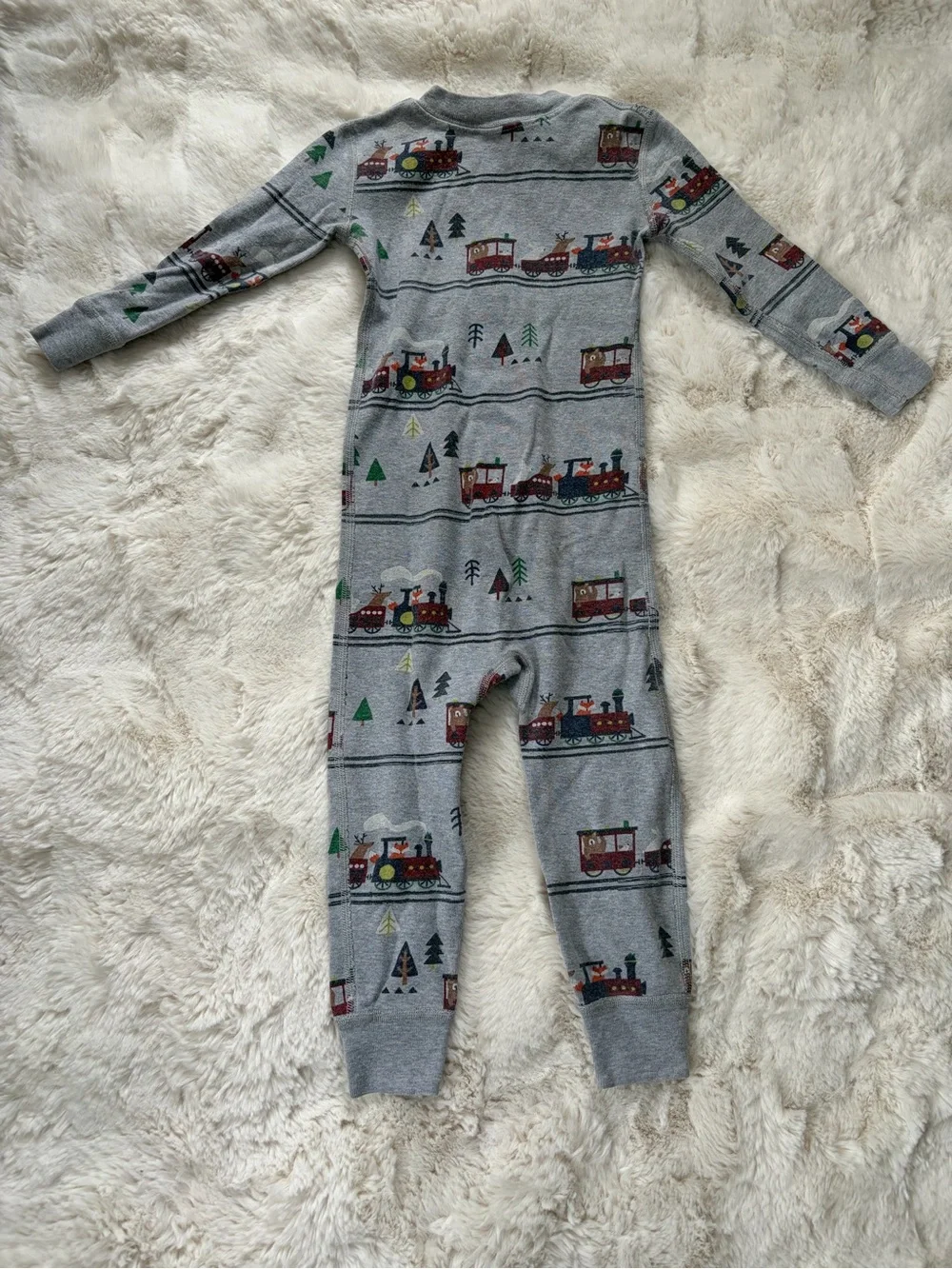 Hanna Andersson Grey Train Print Zip One-Piece